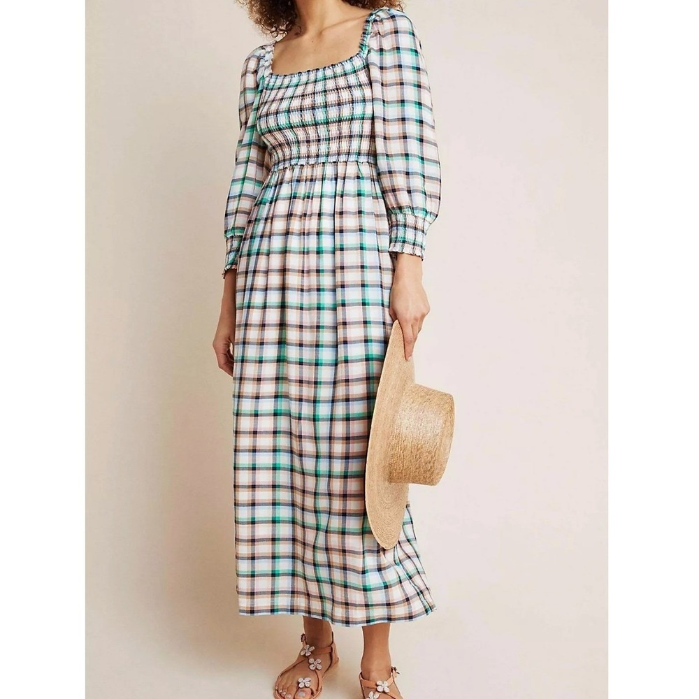 Anthropologie Cerie Milkmaid Gingham Plaid Smocked Maxi Dress Large Cottage Sun